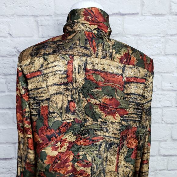 Vintage High Neck Gold Red Green Polyester Blouse Sz 6 - Picture 10 of 14